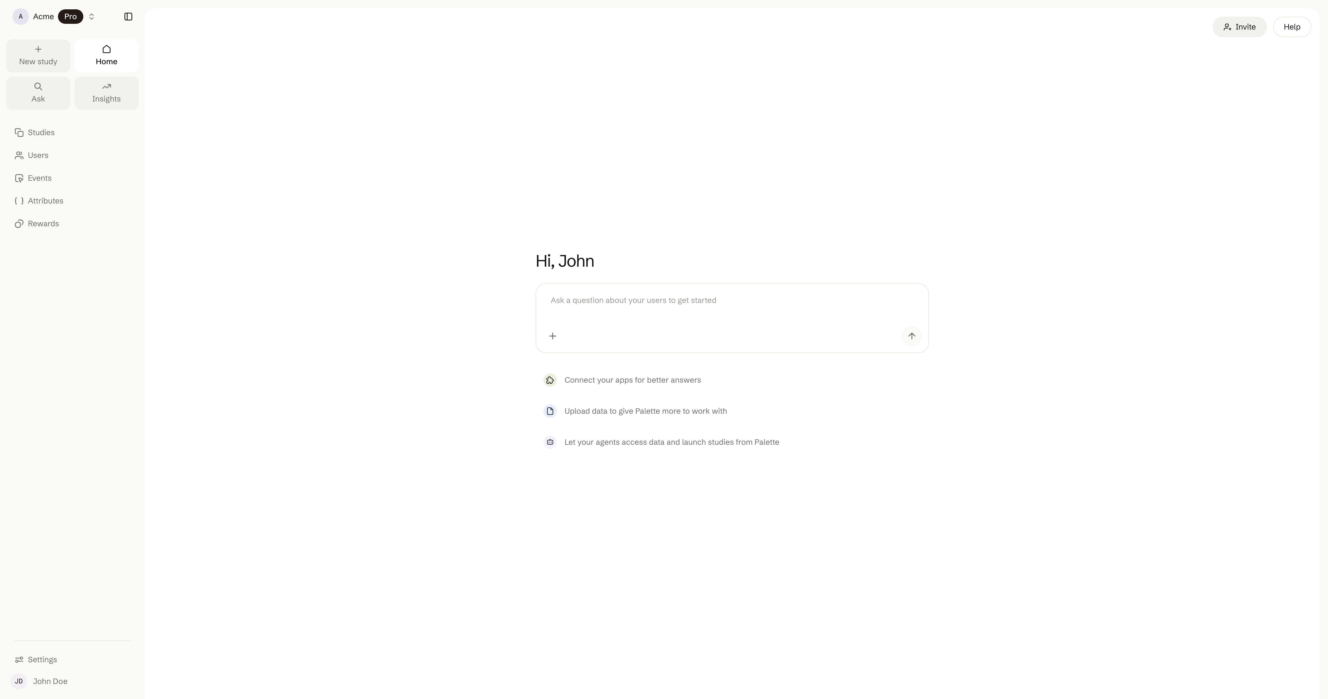Palette dashboard for Acme on the Pro plan, with a Hi John greeting.